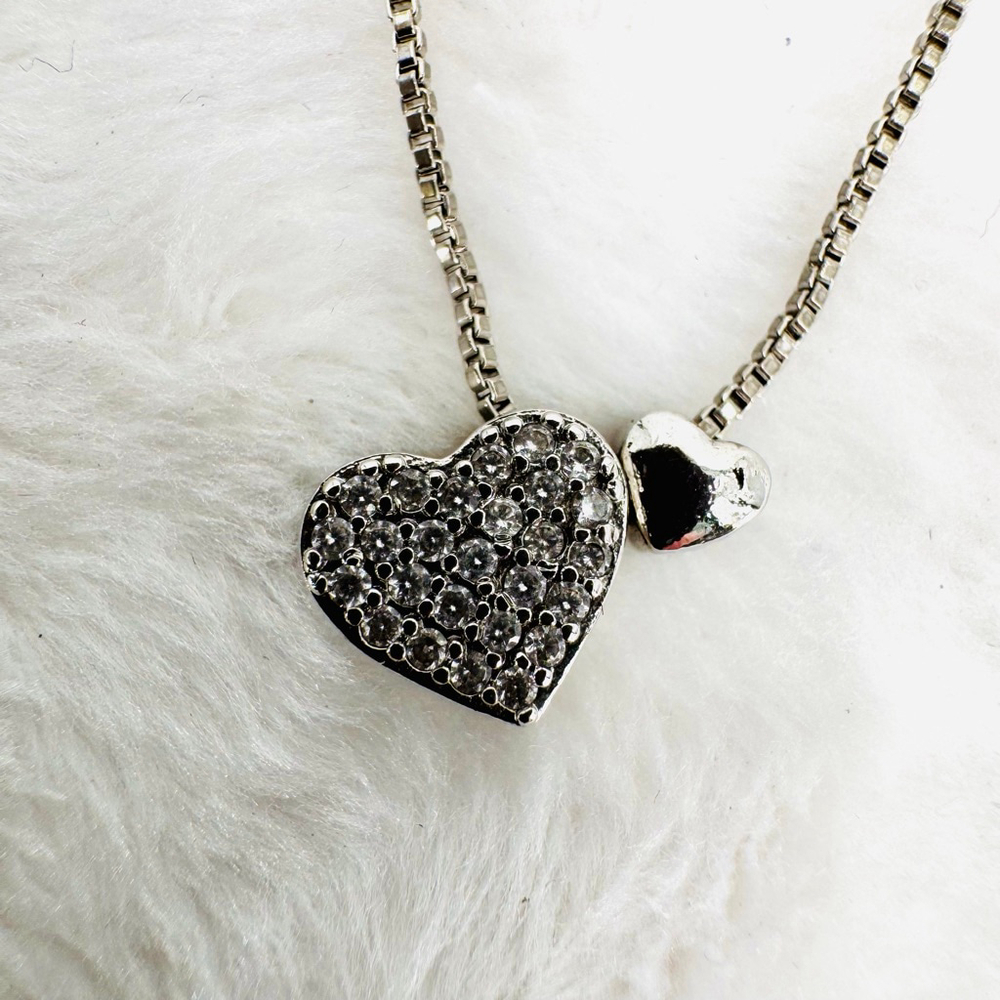 Sterling Silver Crystal Heart Slide Pendant Tiny Heart Stamped 925 16” Box Chain